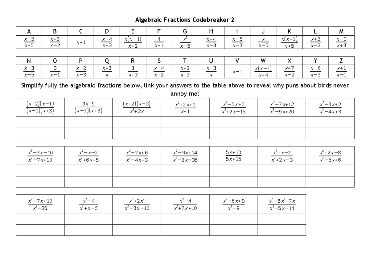 Algebraic Fractions Codebreaker 2: Simplifying Complex Expressions ...