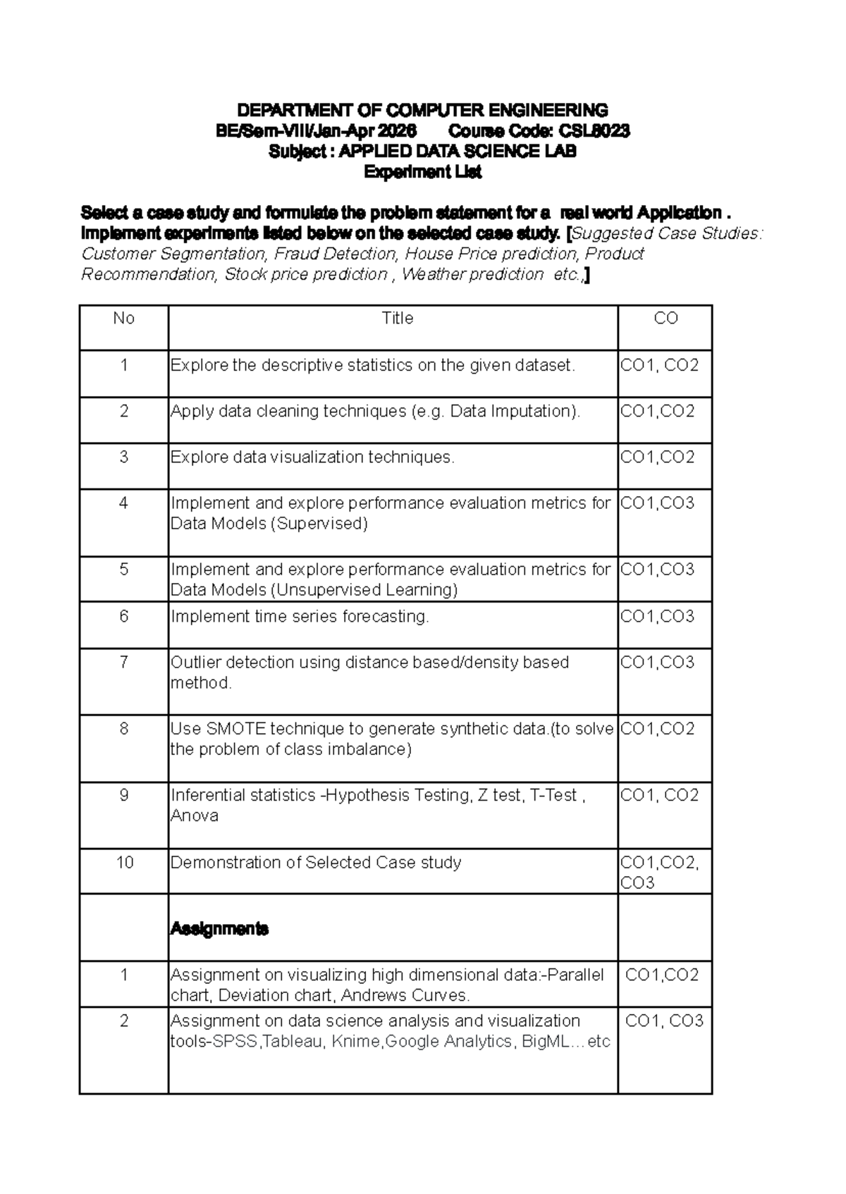 CSL8023 Applied Data Science Lab: Experiment & Assignment List 2026 ...