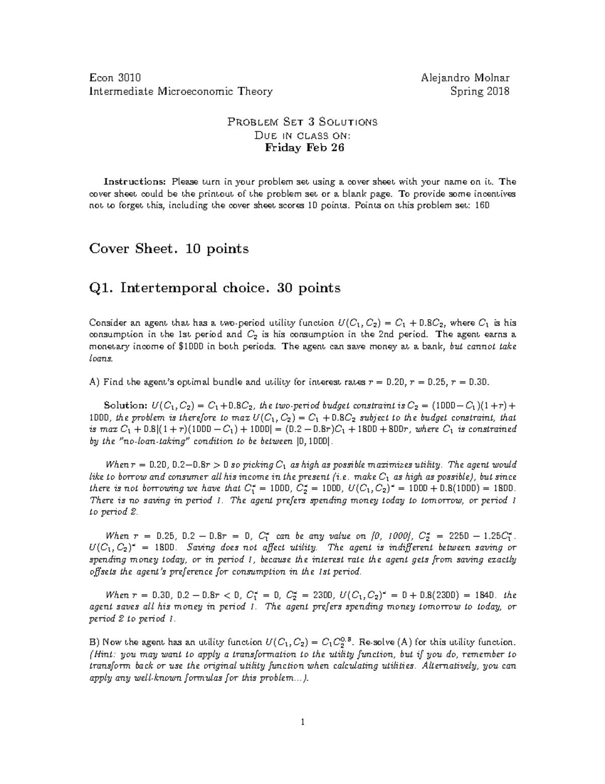 ECON3010 Intermediate Microeconomic Theory Problem Set 3 Solutions ...