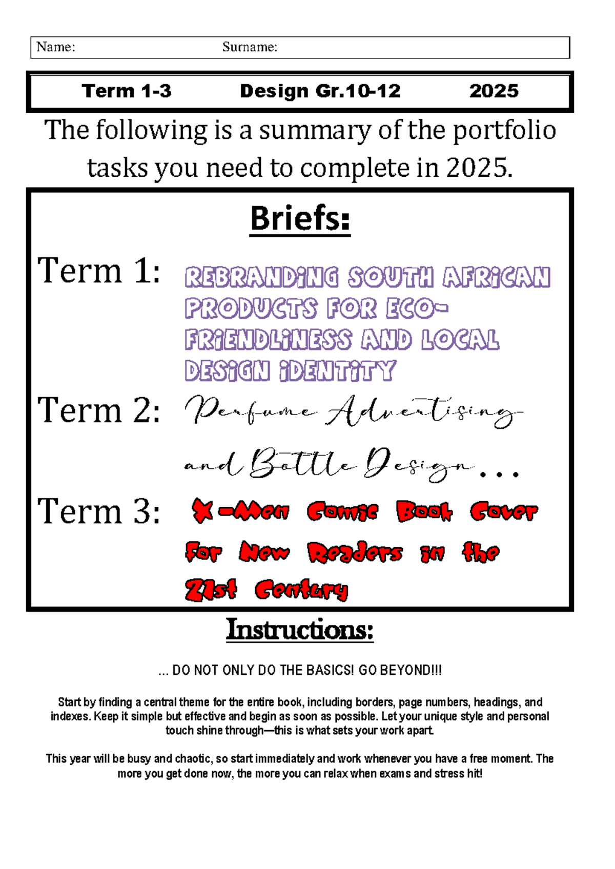 Term 1-4 Design Brief gr 10-12 2025 - Name: Surname: Term 1 - 3 Design ...