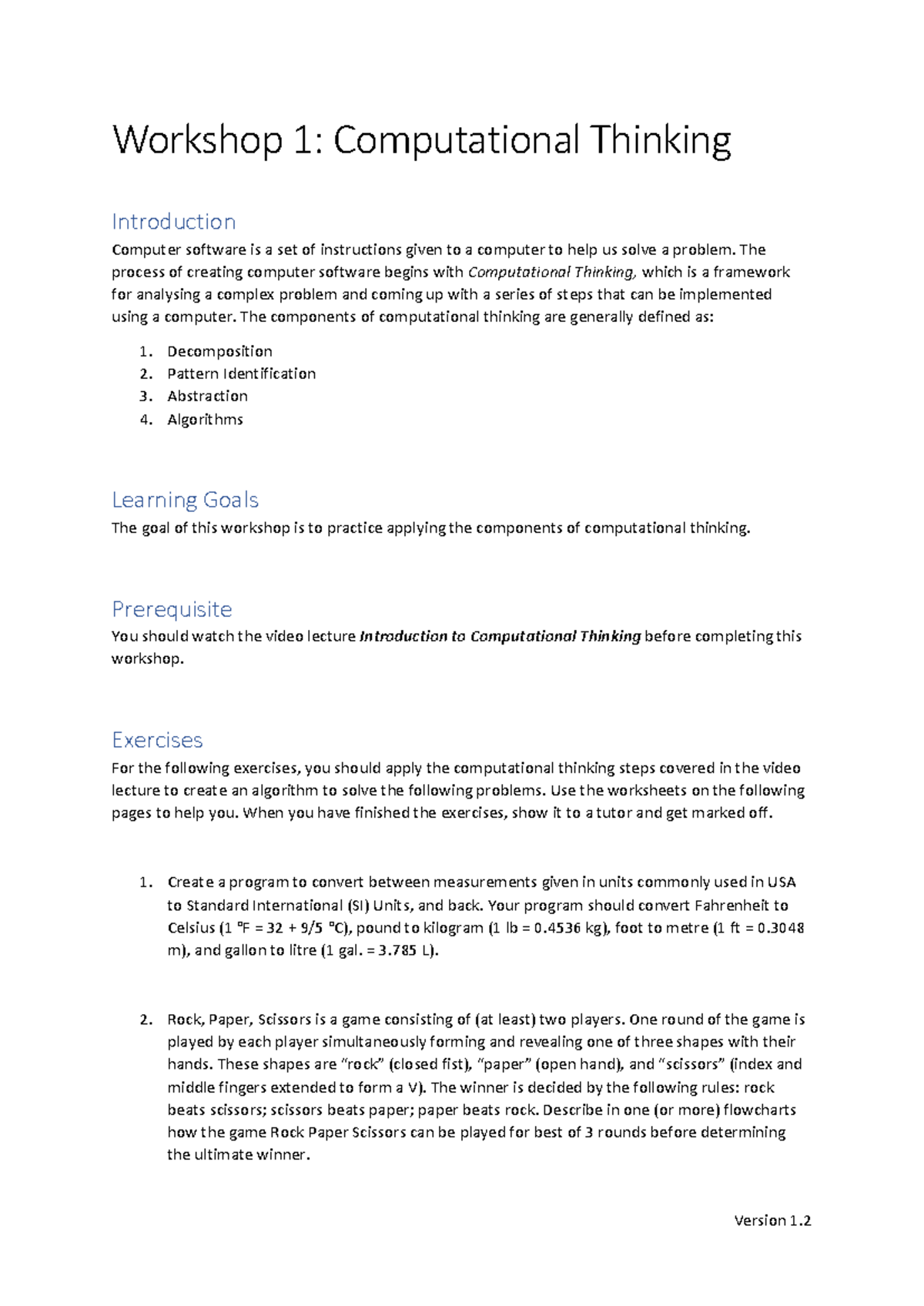 Workshop 1: Exploring Computational Thinking Concepts and Exercises ...