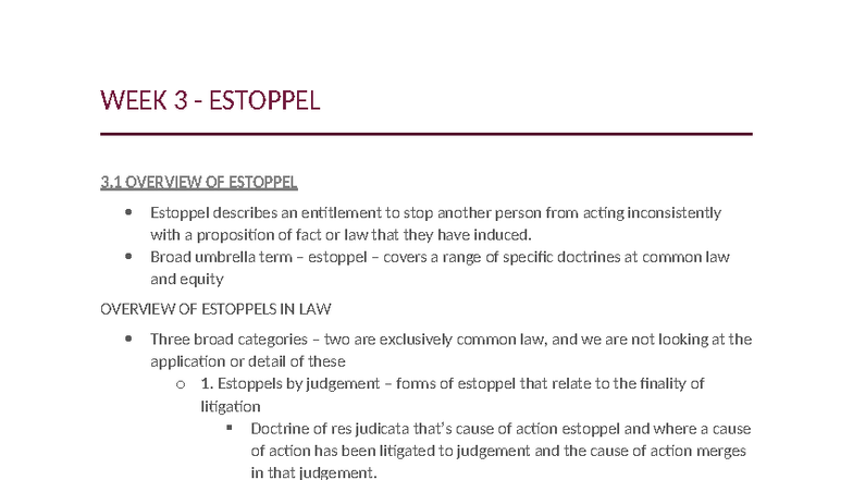 WEEK 3 - Estoppel Notes: Overview and Key Concepts - Studocu