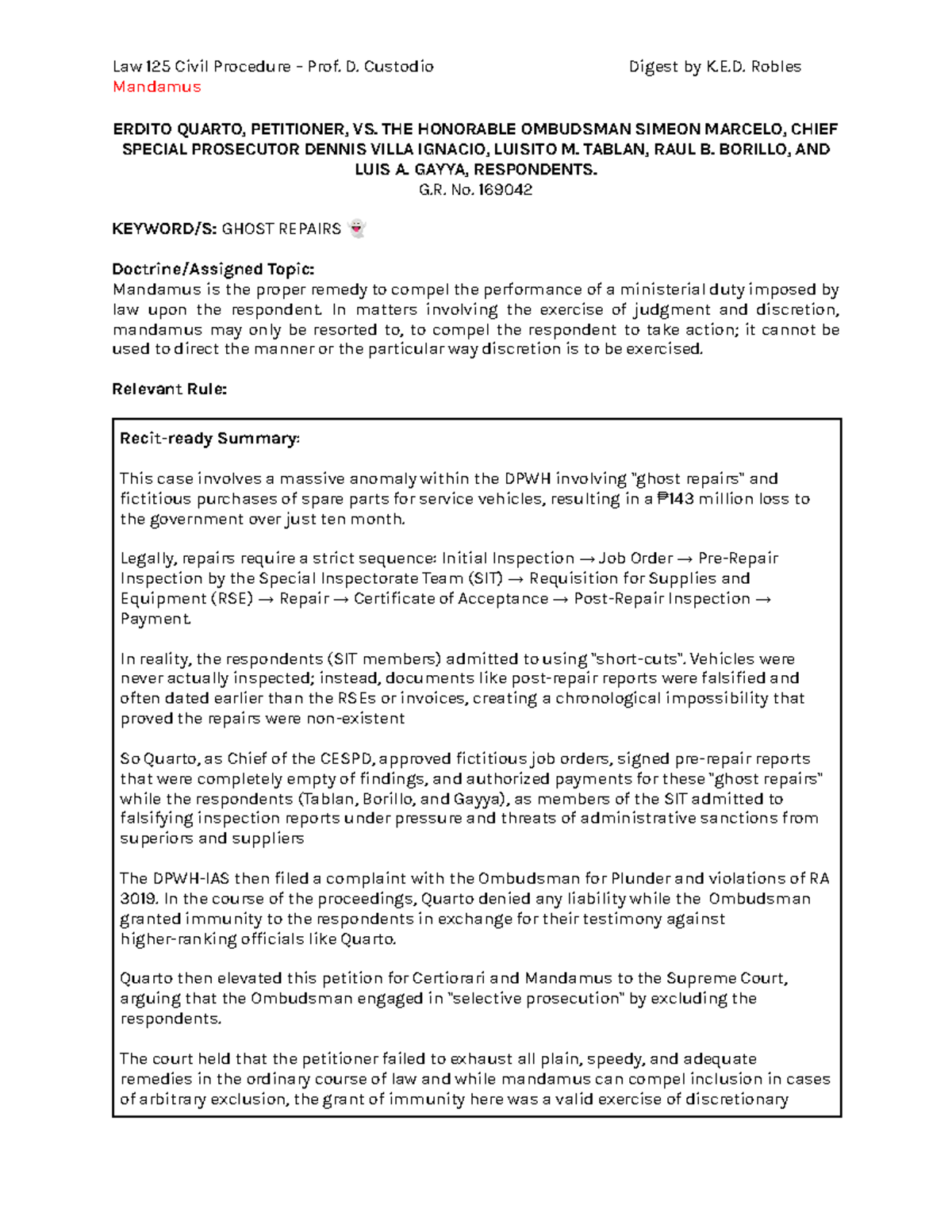 Law 125 Civil Procedure: Mandamus Digest on Quarto v. Ombudsman - Studocu