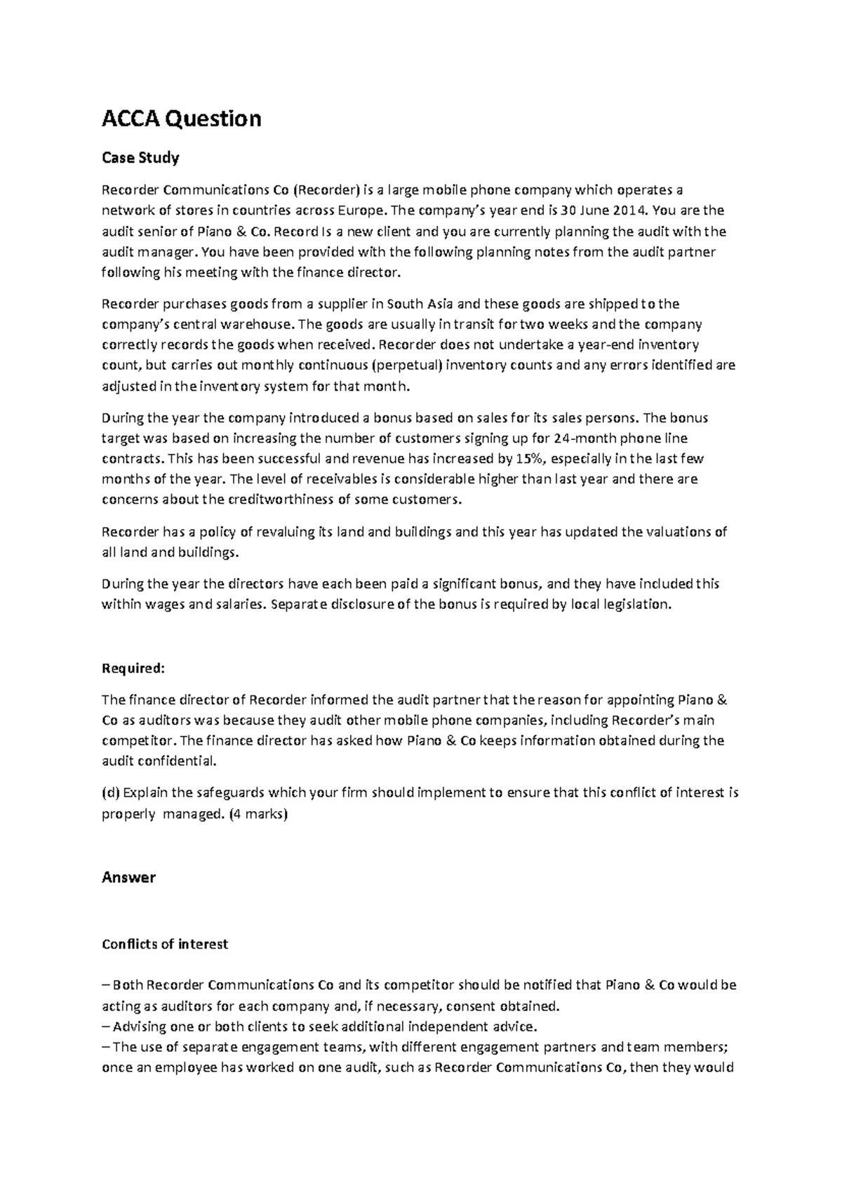 ACCA Case Study: Audit Planning for Recorder Communications Co - Studocu