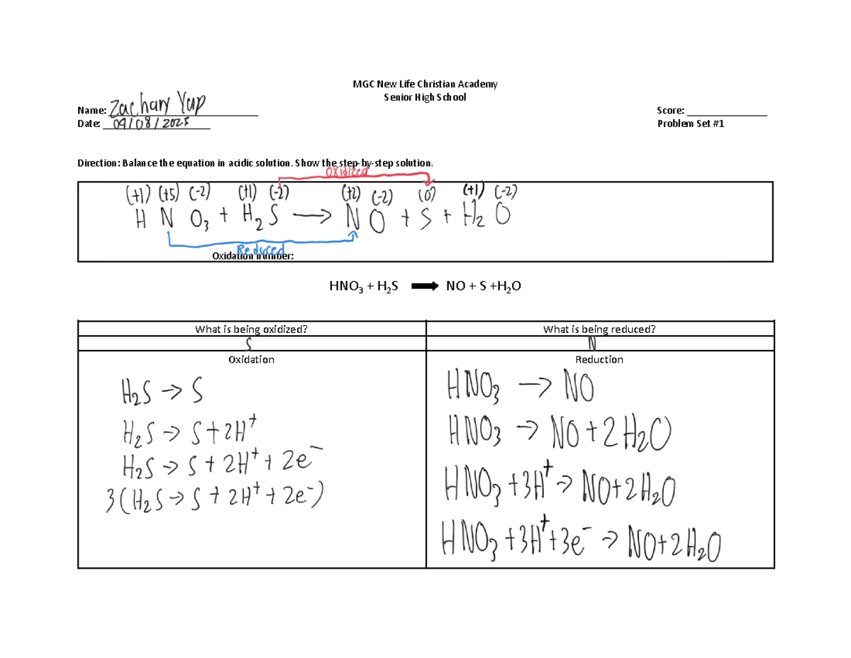 Problem Set 1 Acidic Solution - MGC New Life Christian Academy Senior ...