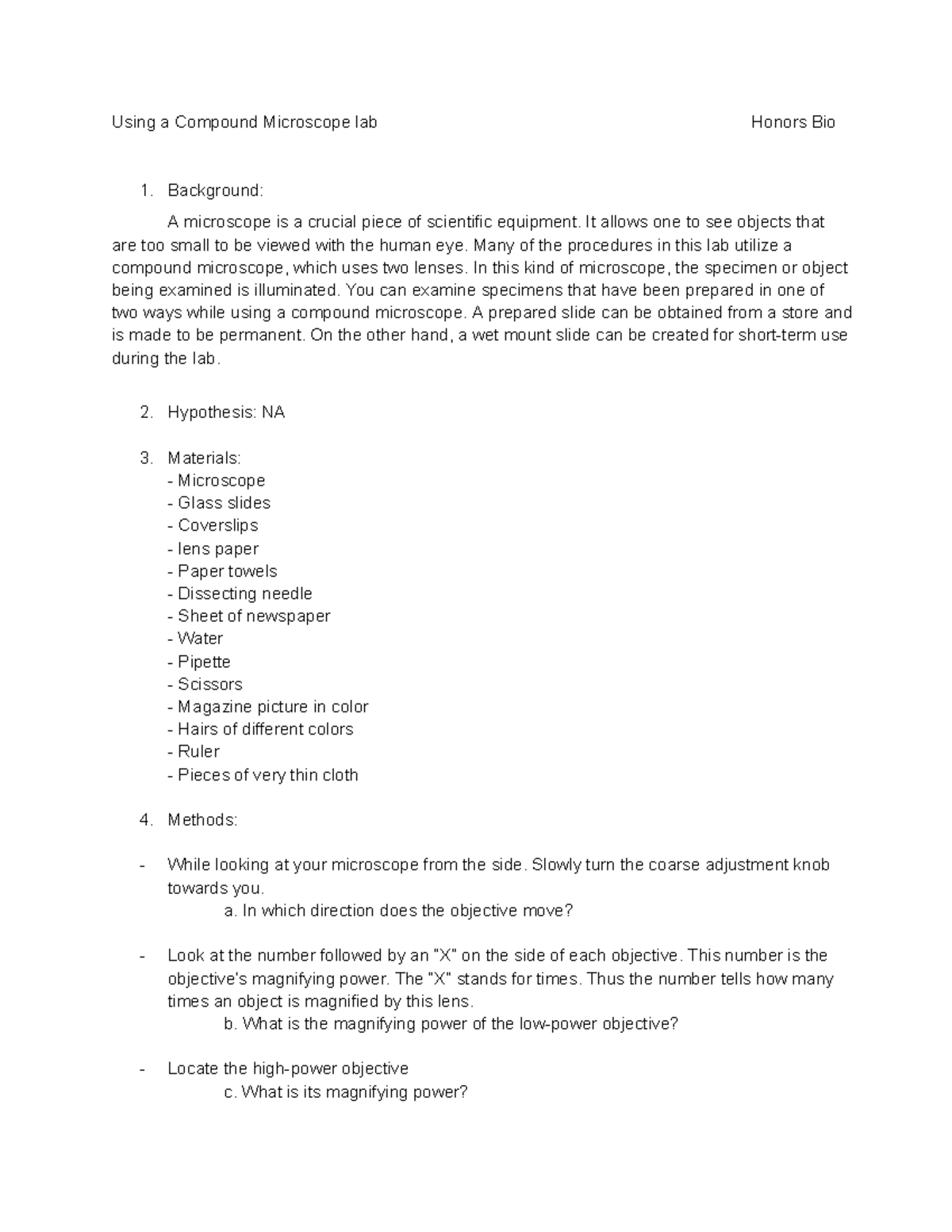 Using a Compound Microscope Lab Report - Honors Bio - Studocu