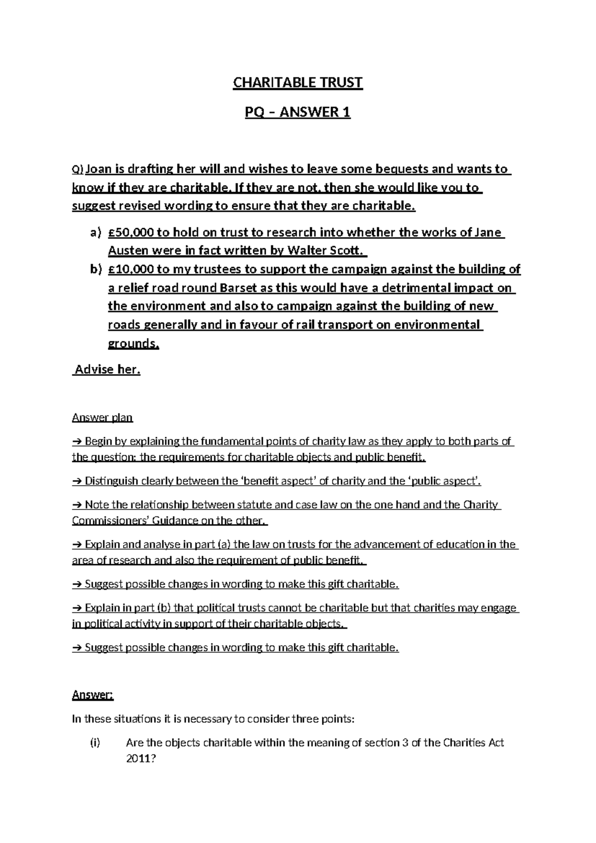 Charitable Trusts: PQ Answer 1 - Bequests and Public Benefit Analysis ...