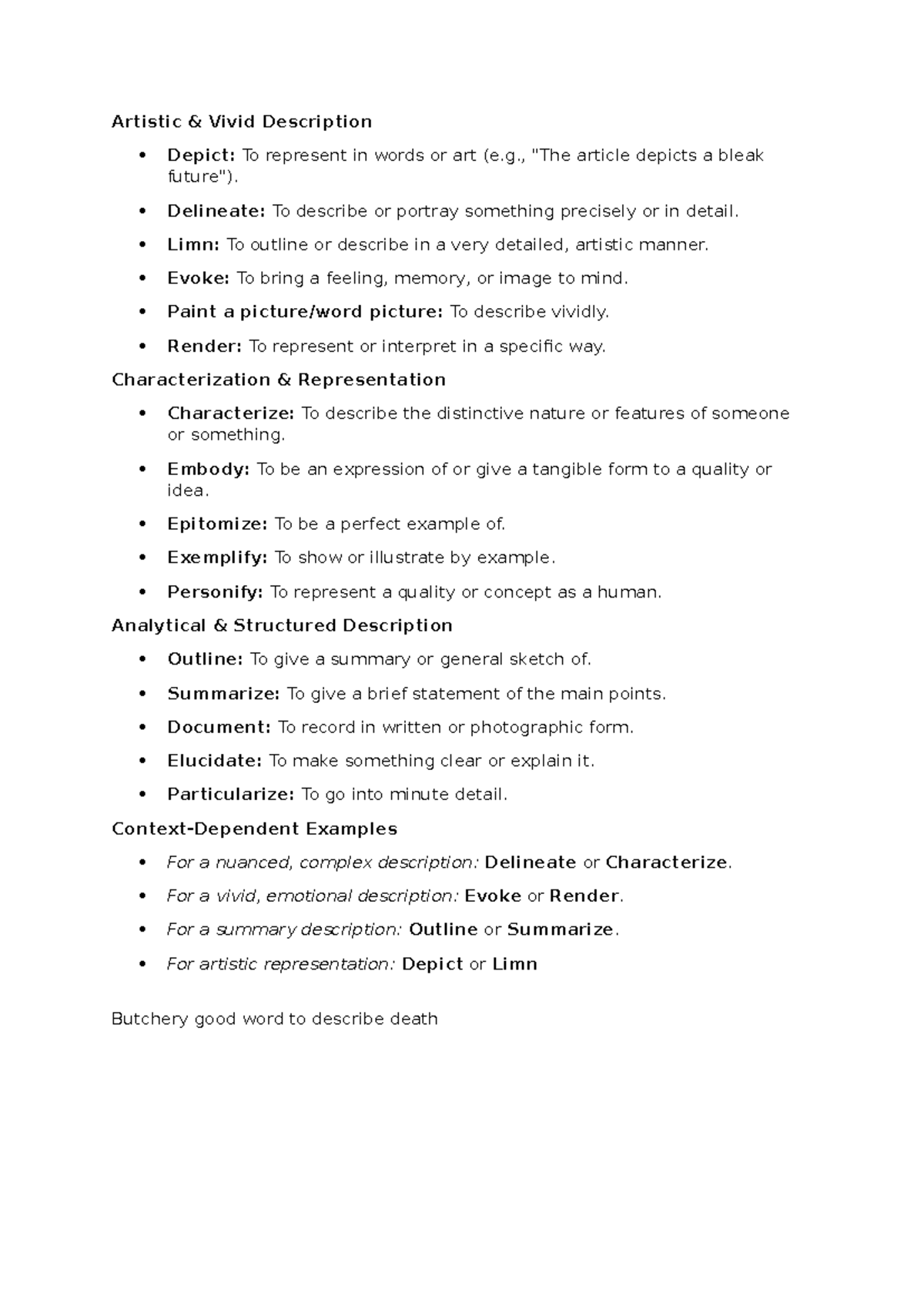 ENG 101: Words to Use Instead of Portray - Artistic Descriptions - Studocu