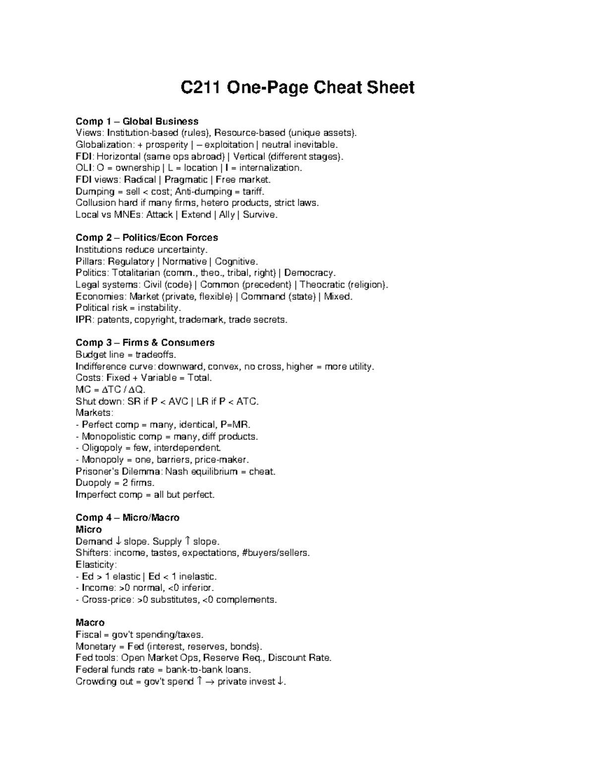 C211 Cheat Sheet - Global Business Concepts and Economic Principles ...