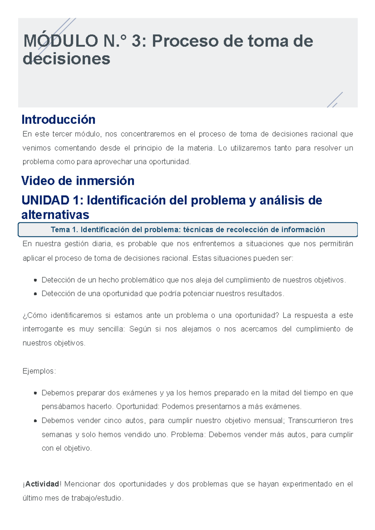 MÓDULO 3: Proceso de Toma de Decisiones y Mejora Continua - Studocu