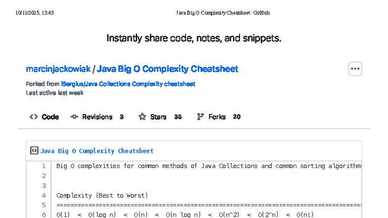 Java Big O Complexity Cheatsheet for Java Collections - Studocu