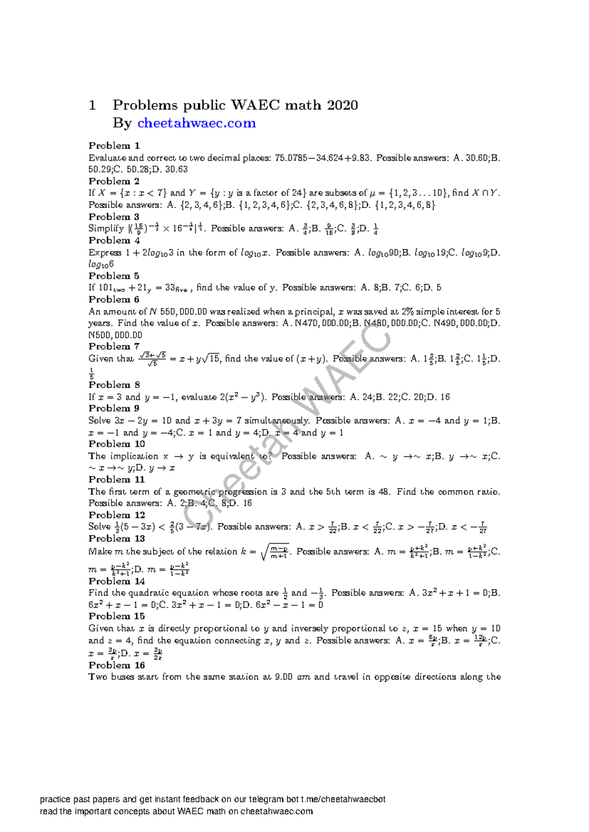 WAEC Math 2020 All Problems Compilation and Solutions - Studocu