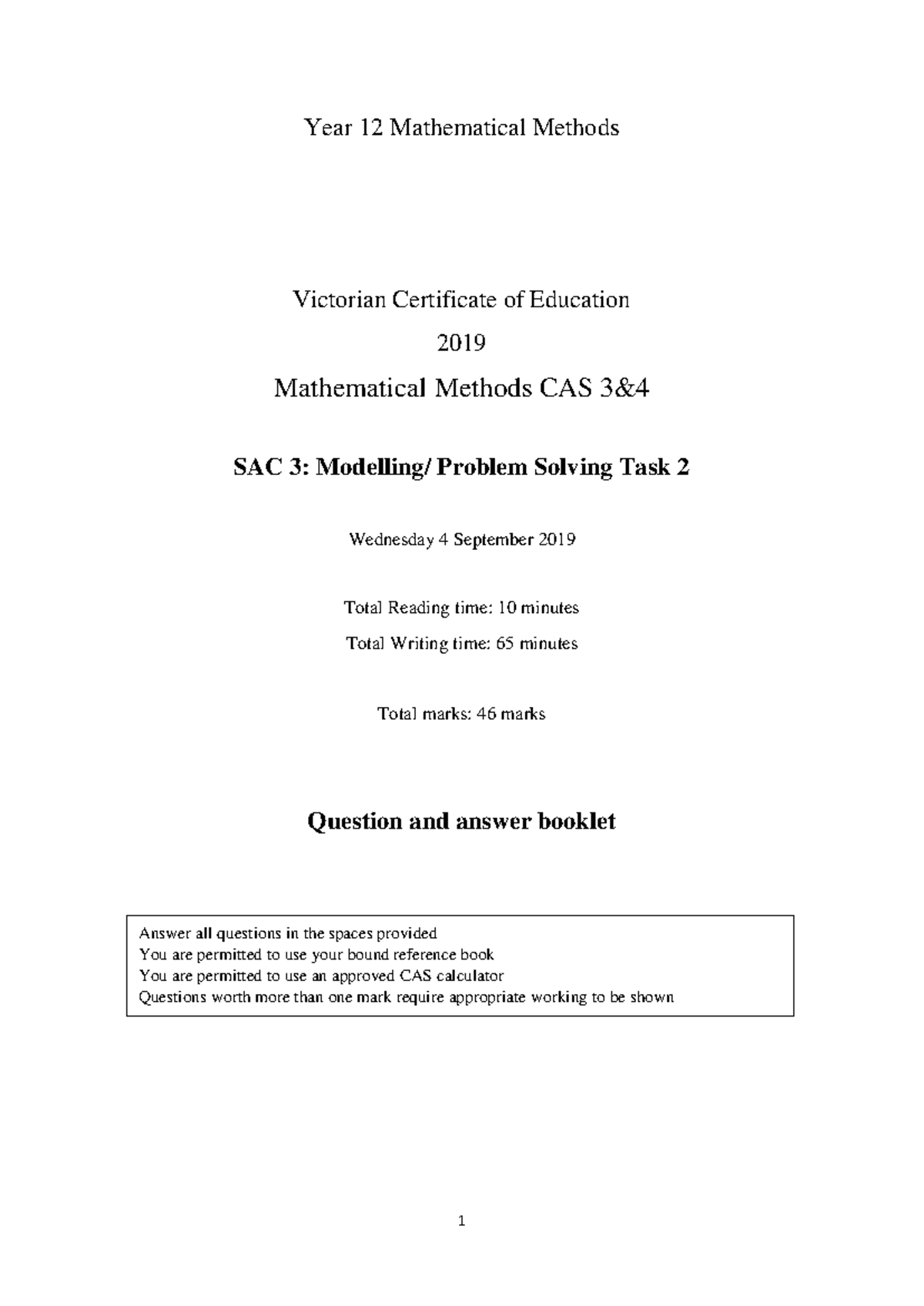 Year 12 Mathematical Methods VCE 2019 SAC 3: Probability Problem ...