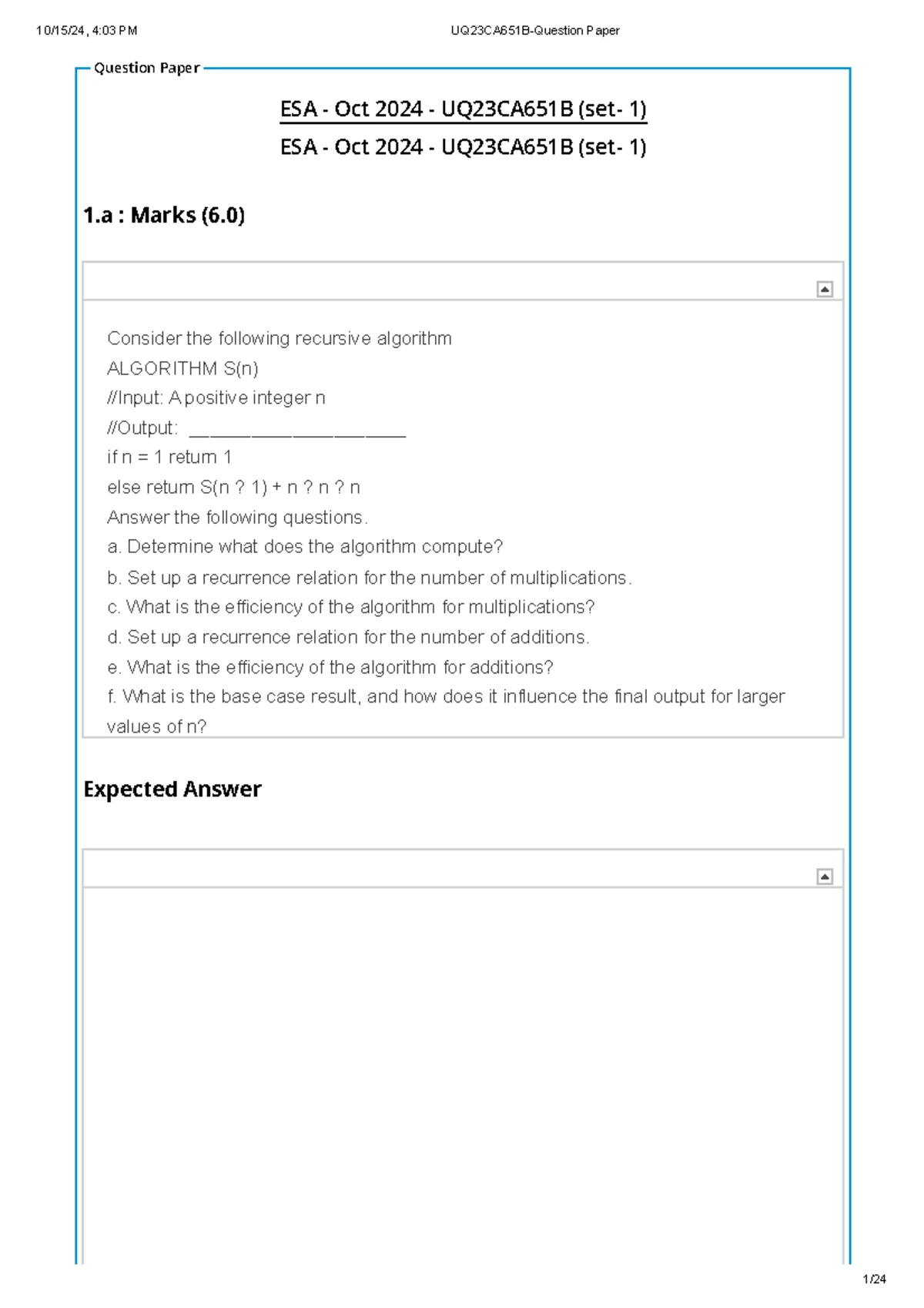 ESA Oct 2024 UQ23CA651B Algorithms Analysis and Design Exam Notes - Studocu