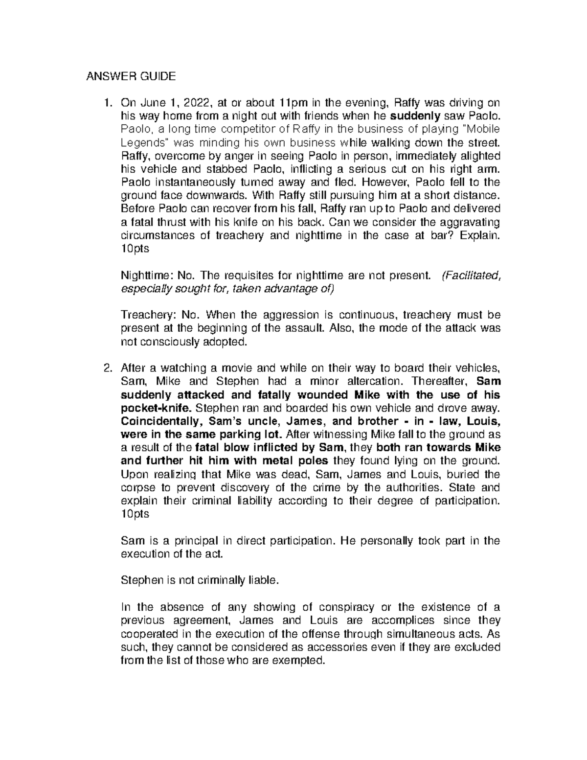 CRIM LAW 1 Finals Answer Key: Key Legal Scenarios and Analysis - Studocu