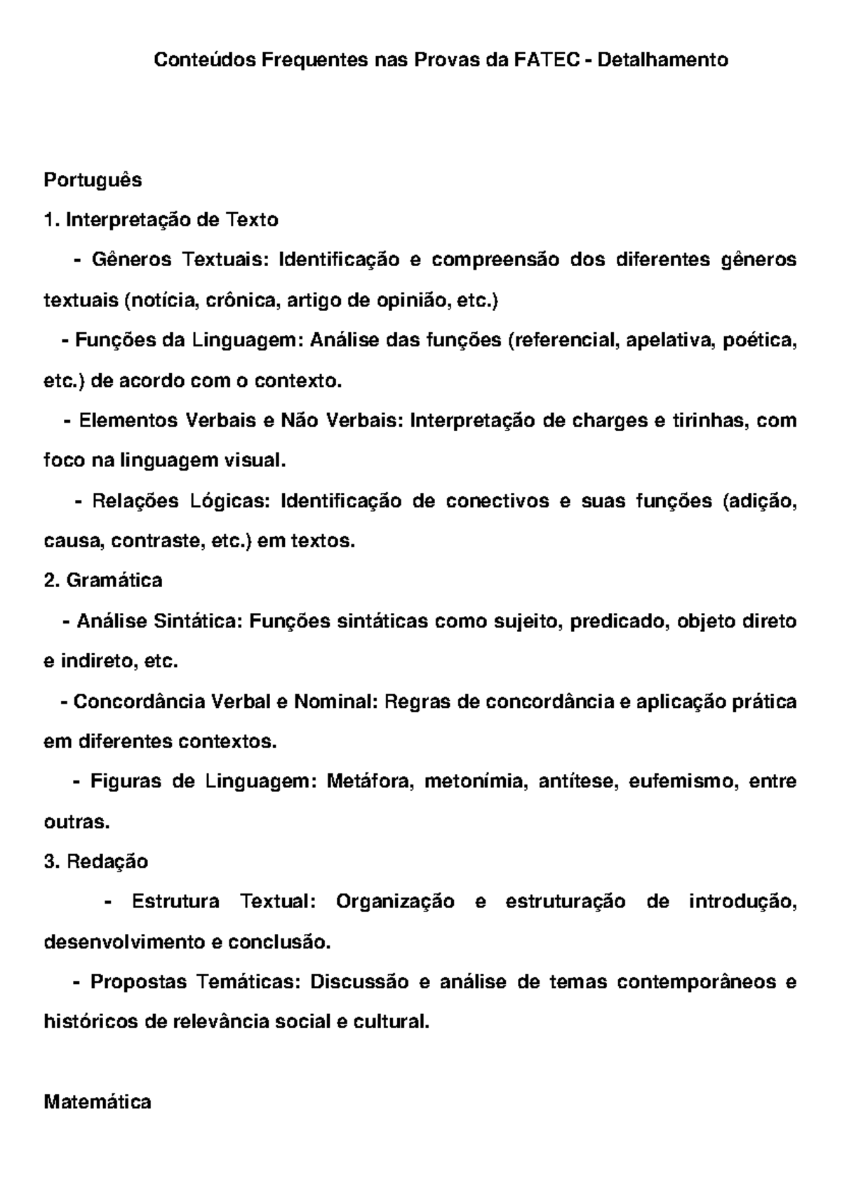 Conteúdos Frequentes nas Provas da FATEC - Detalhamento Completo - Studocu