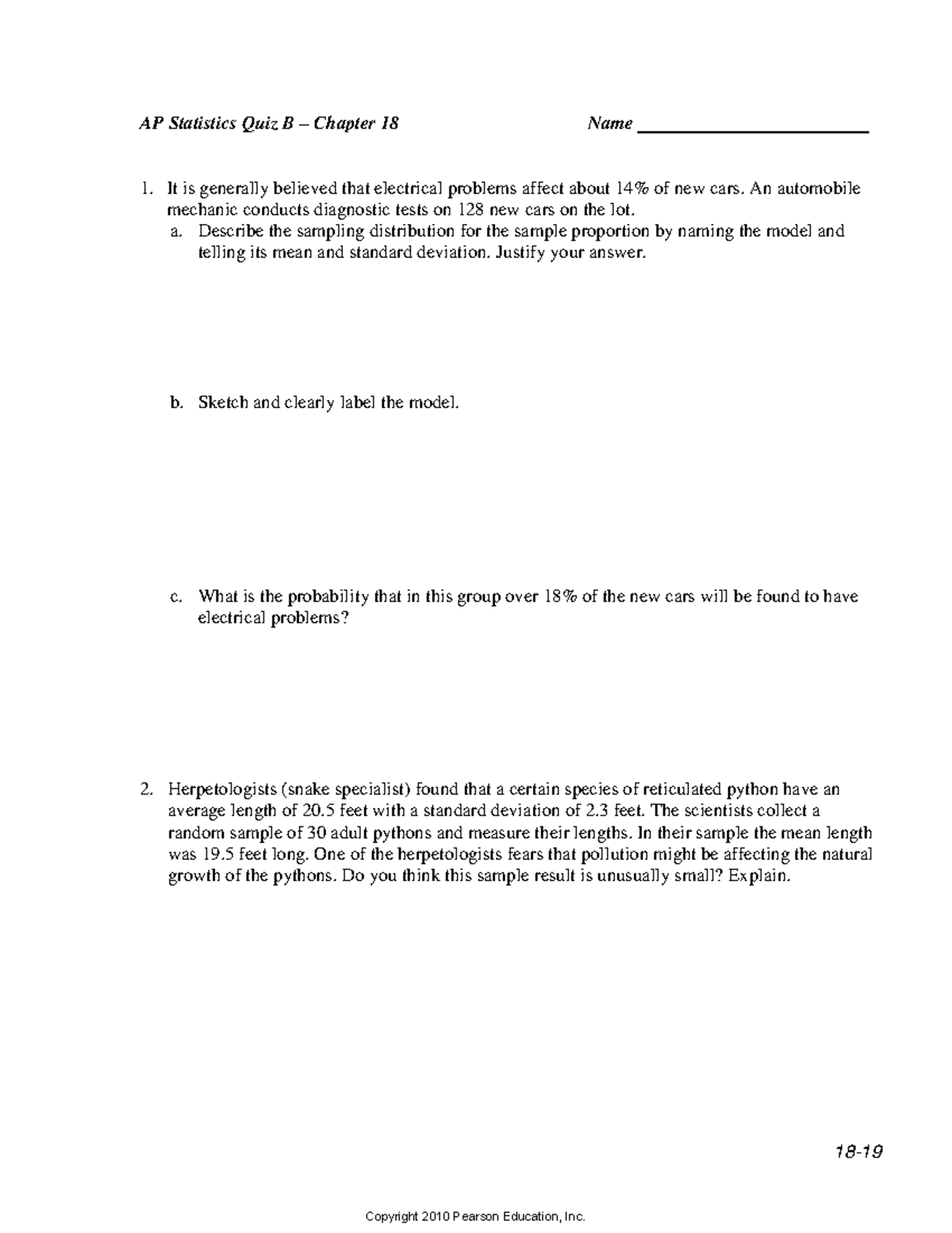 AP Statistics Quiz B - Chapter 18: Combined Blank & Answer Key - Studocu
