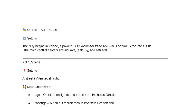 🎭 Othello (ENG 101) – Act 1 Setting & Key Themes Notes - Studocu