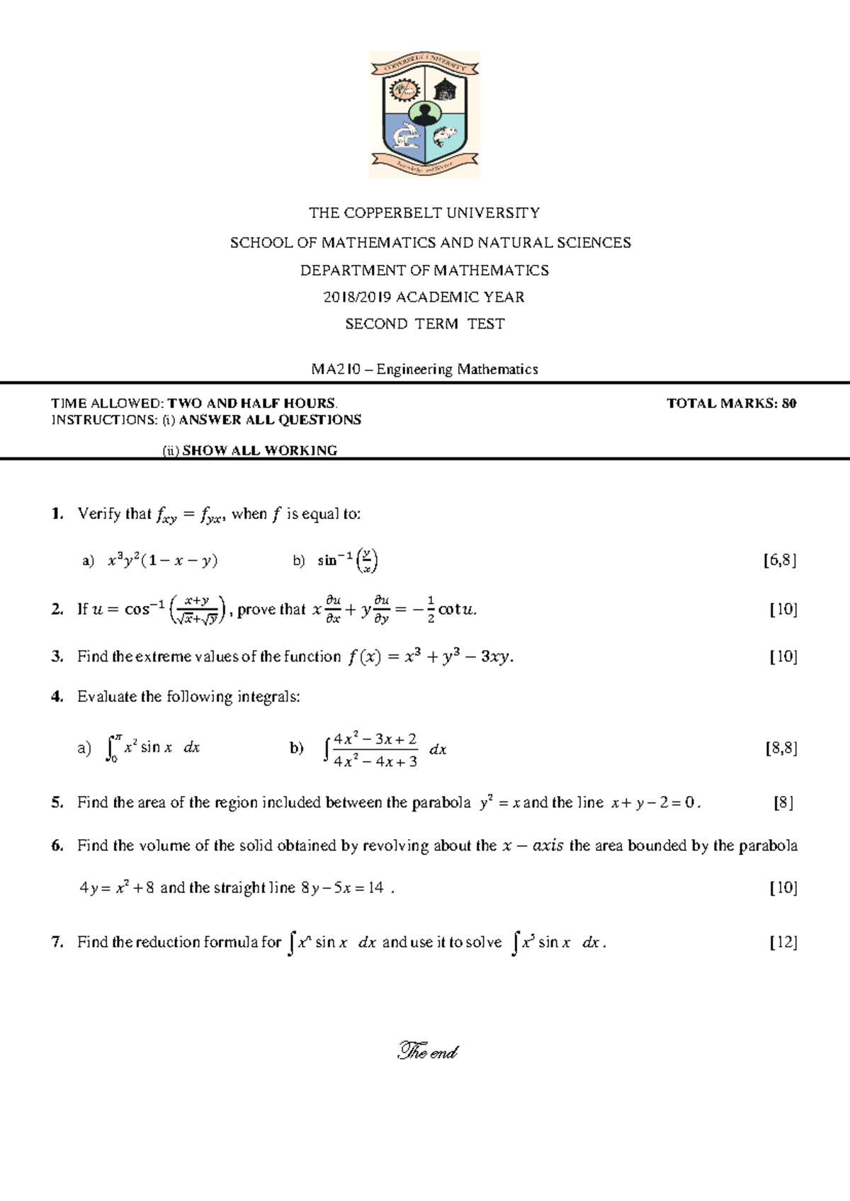 MA 210 Test 2 2019 - BLON - THE COPPERBELT UNIVERSITY SCHOOL OF ...