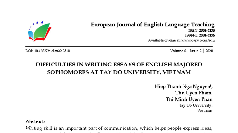 Difficulties in Writing Essays for English Majored Sophomores at Tay Do ...
