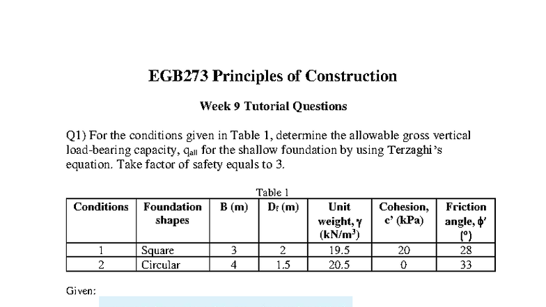 EGB273 Week 9 Tutorial Questions on Shallow Foundations - Studocu