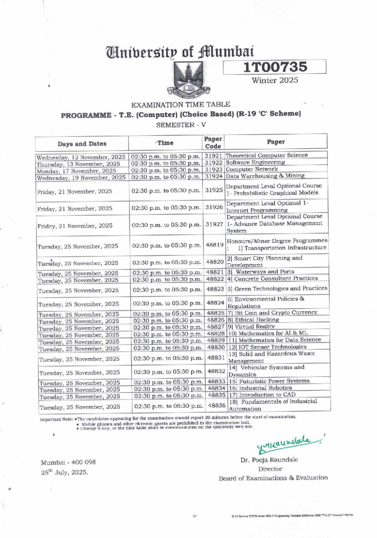 University of Mumbai 1T00735 Winter 2025 T.E. (Comp) Exam Timetable ...