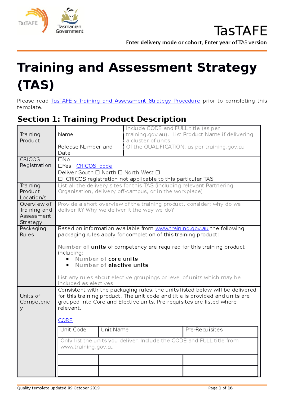 TAS Training and Assessment Strategy Template for Course Delivery - Studocu