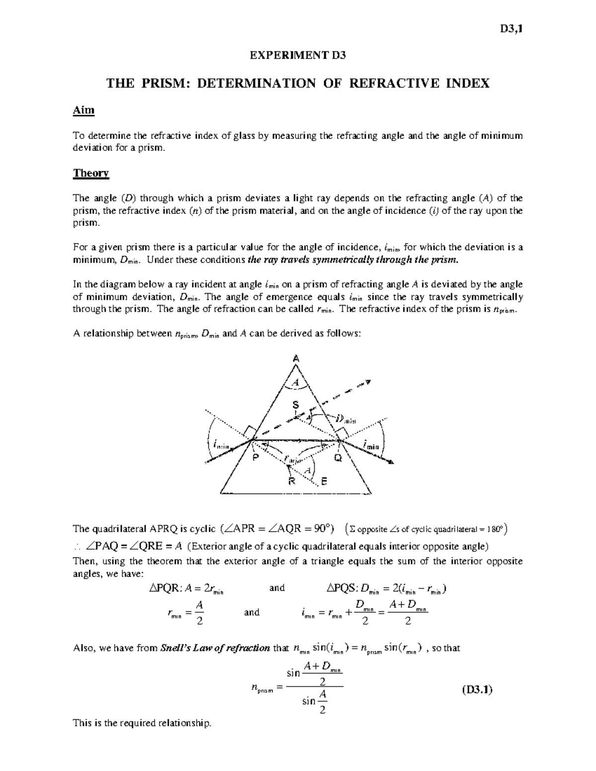 Exp D3: The Prism Experiment - Determining Refractive Index - Studocu