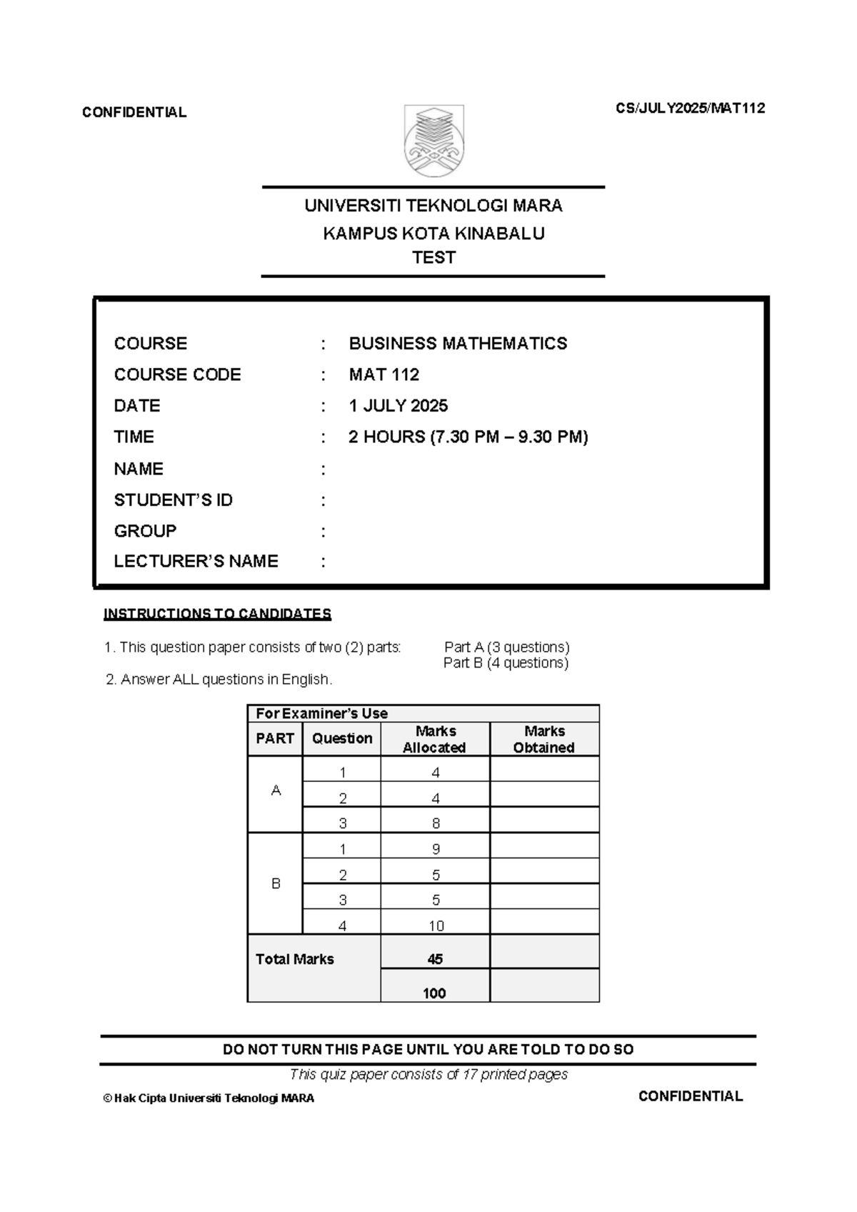 MAT112 Business Mathematics Past Year Quiz Questions - Studocu