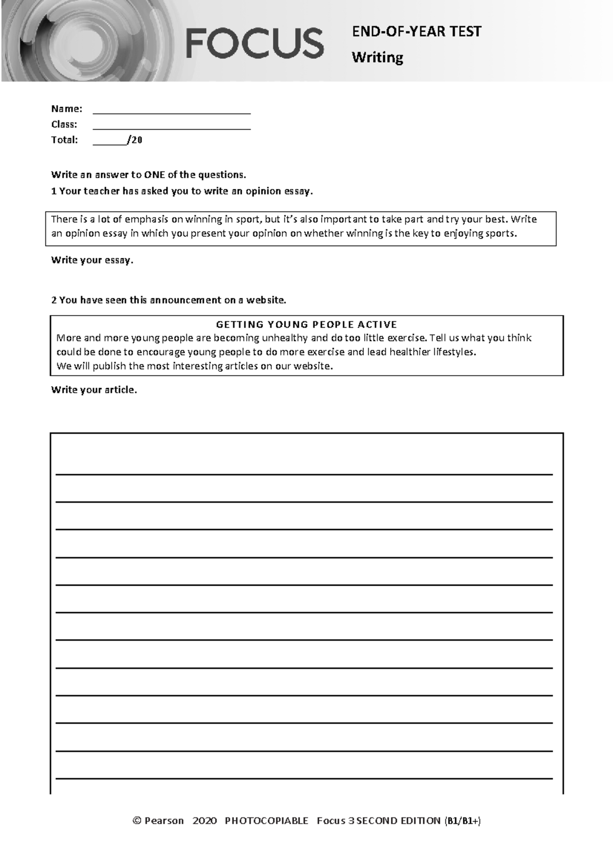 Focus 3 2E End of Year Test: Opinion Essay & Article Writing - Studeersnel