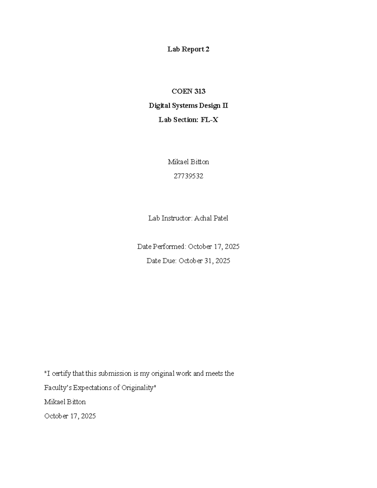 Lab Report 2: COEN 313 Digital Systems Design II - VHDL Implementation ...