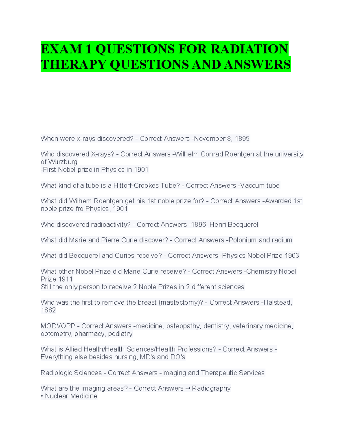 EXAM 1 Q&A FOR RADIATION THERAPY (RT 101) - Studocu