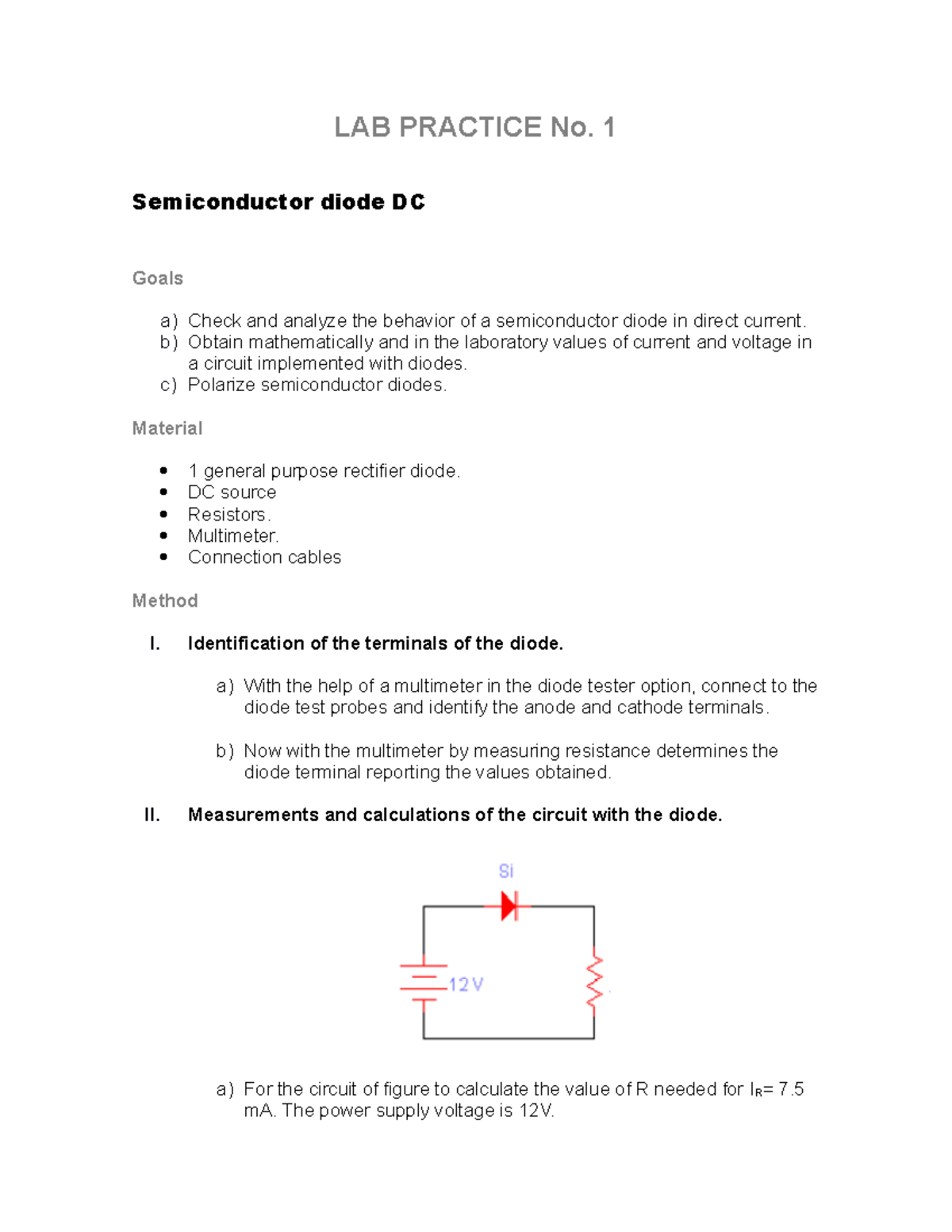 Laboratorio 1 - LAB PRACTICE No. 1 Semiconductor diode DC Goals a ...