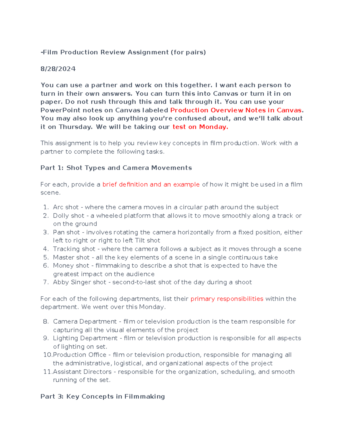 Film Review - answes -Film Production Review Assignment (for pairs) 8 ...