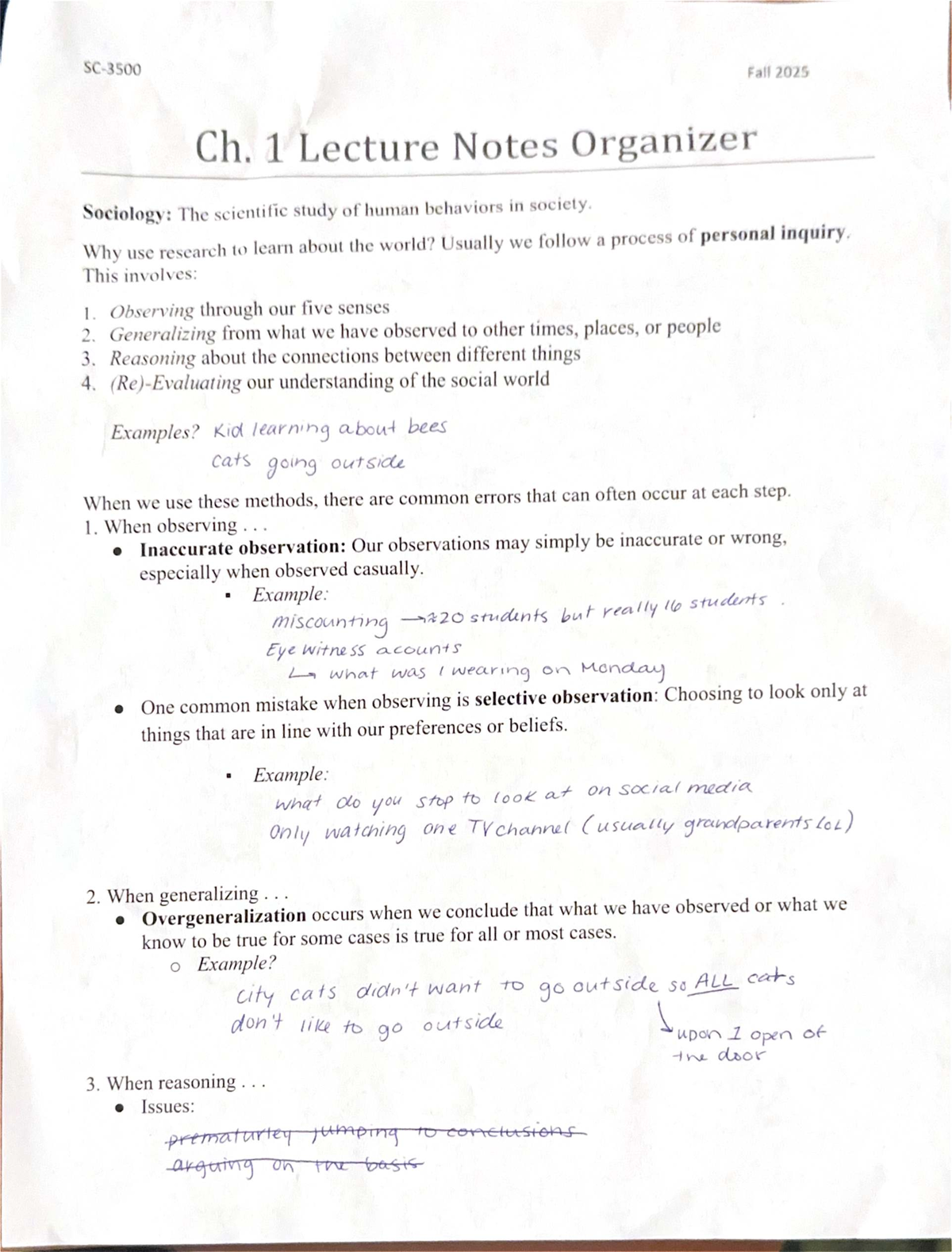 Fall 2025 SOC 101 Ch. 1 Lecture Notes: Understanding Human Behavior ...