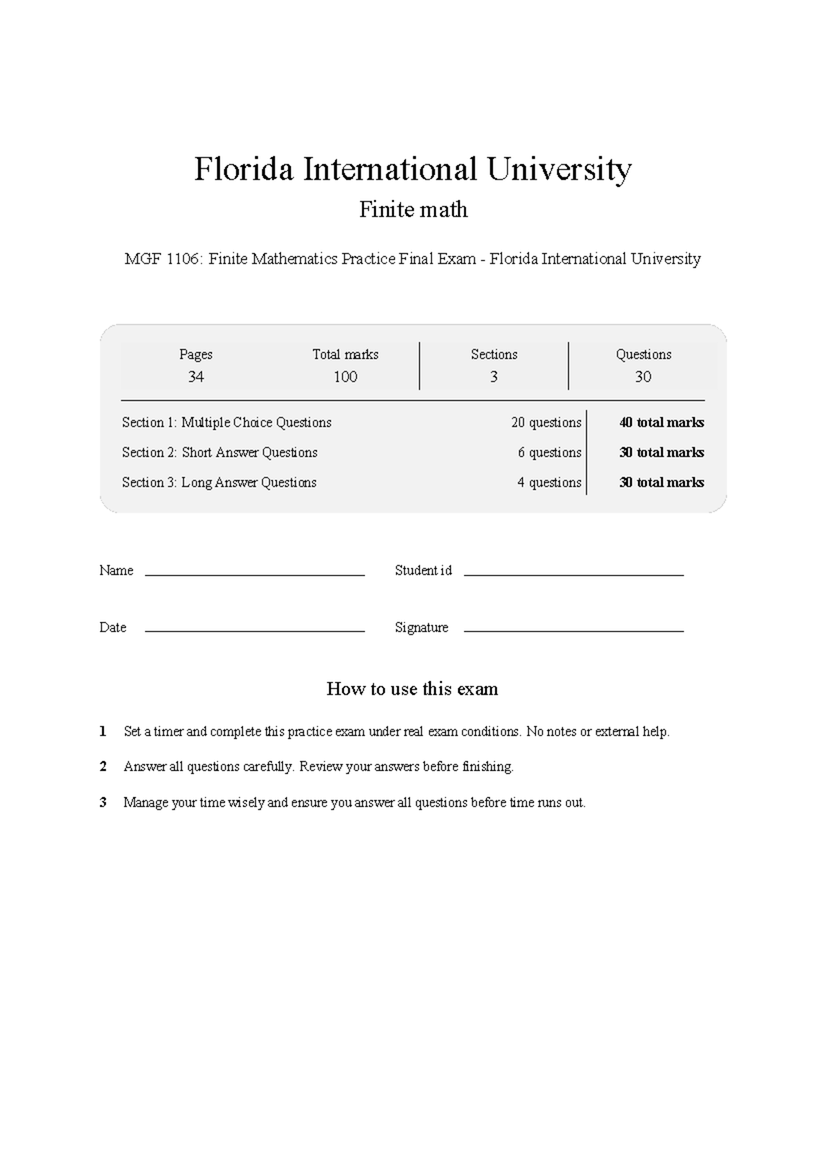 MGF 1106 Finite Math FIU: Practice Final Exam 2026 - Studocu