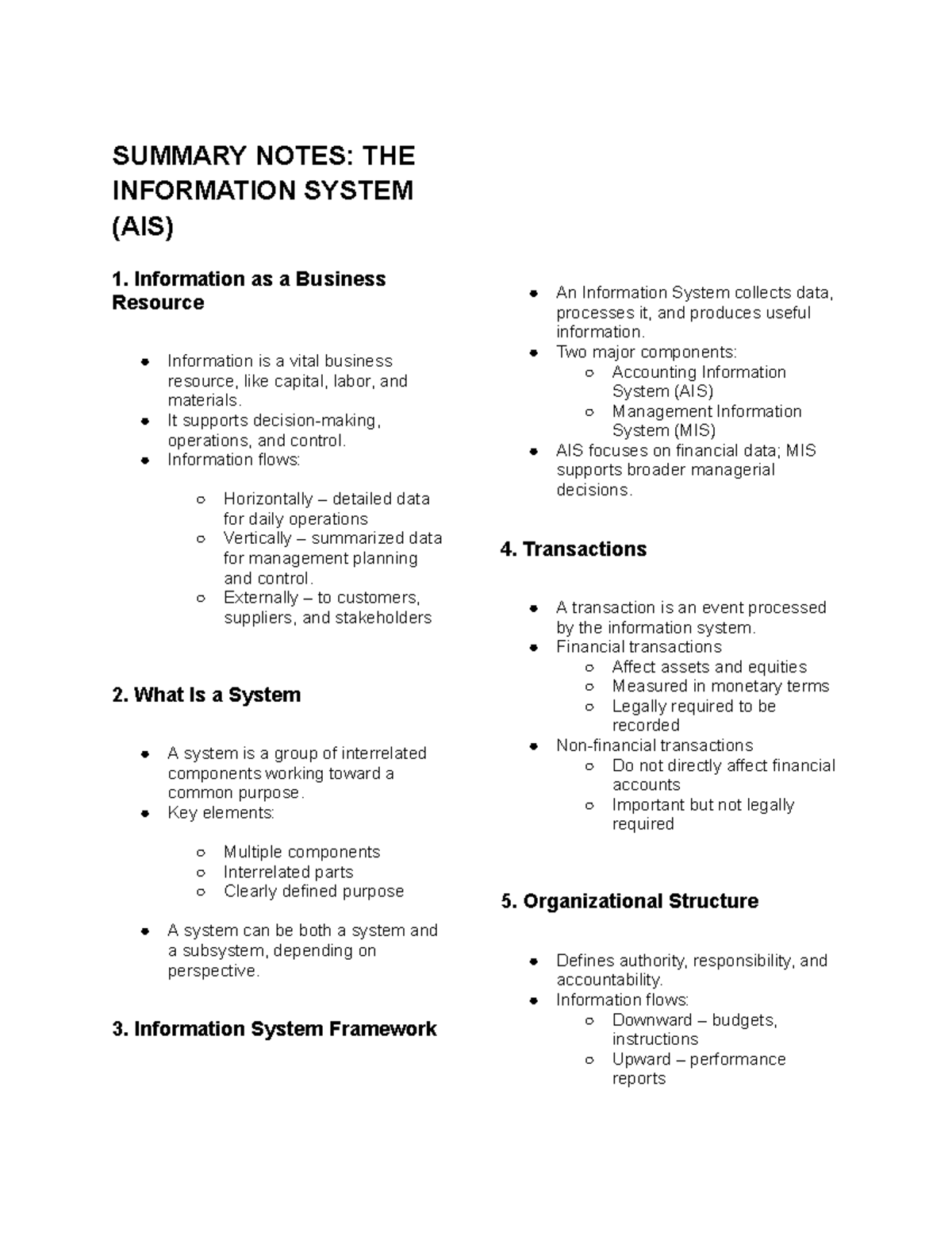 Summary Notes: Information System (AIS) Overview and Key Concepts - Studocu