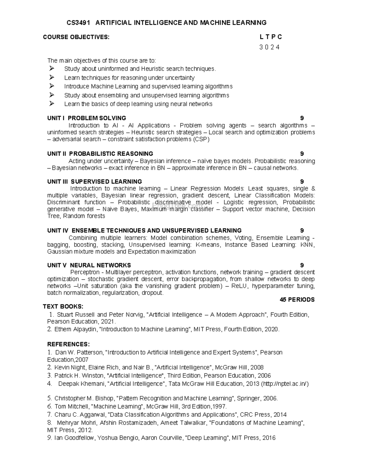 CS3491 AI & ML Course Objectives and Unit Overview: LTPC 3024 - Studocu