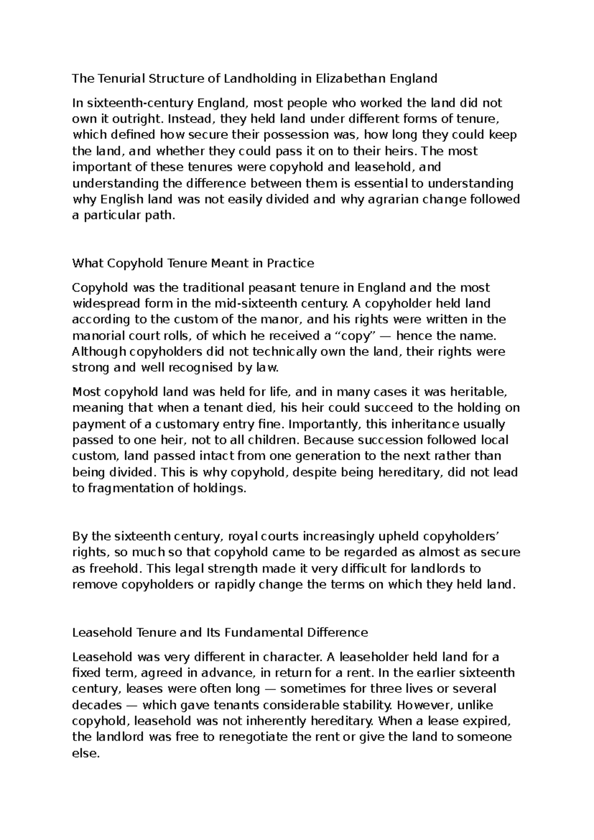 The Tenurial Structure of Landholding in Elizabethan England: A Study ...
