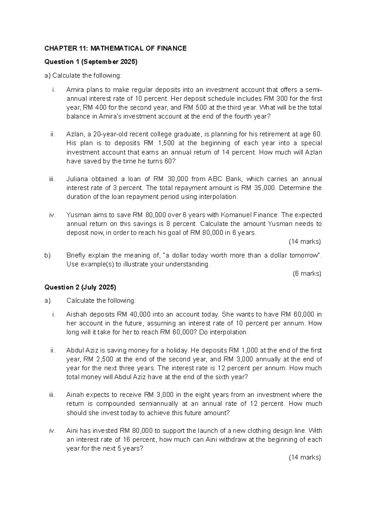 TUTORIAL CHAPTER 11: MATHEMATICAL OF FINANCE Questions & Solutions ...