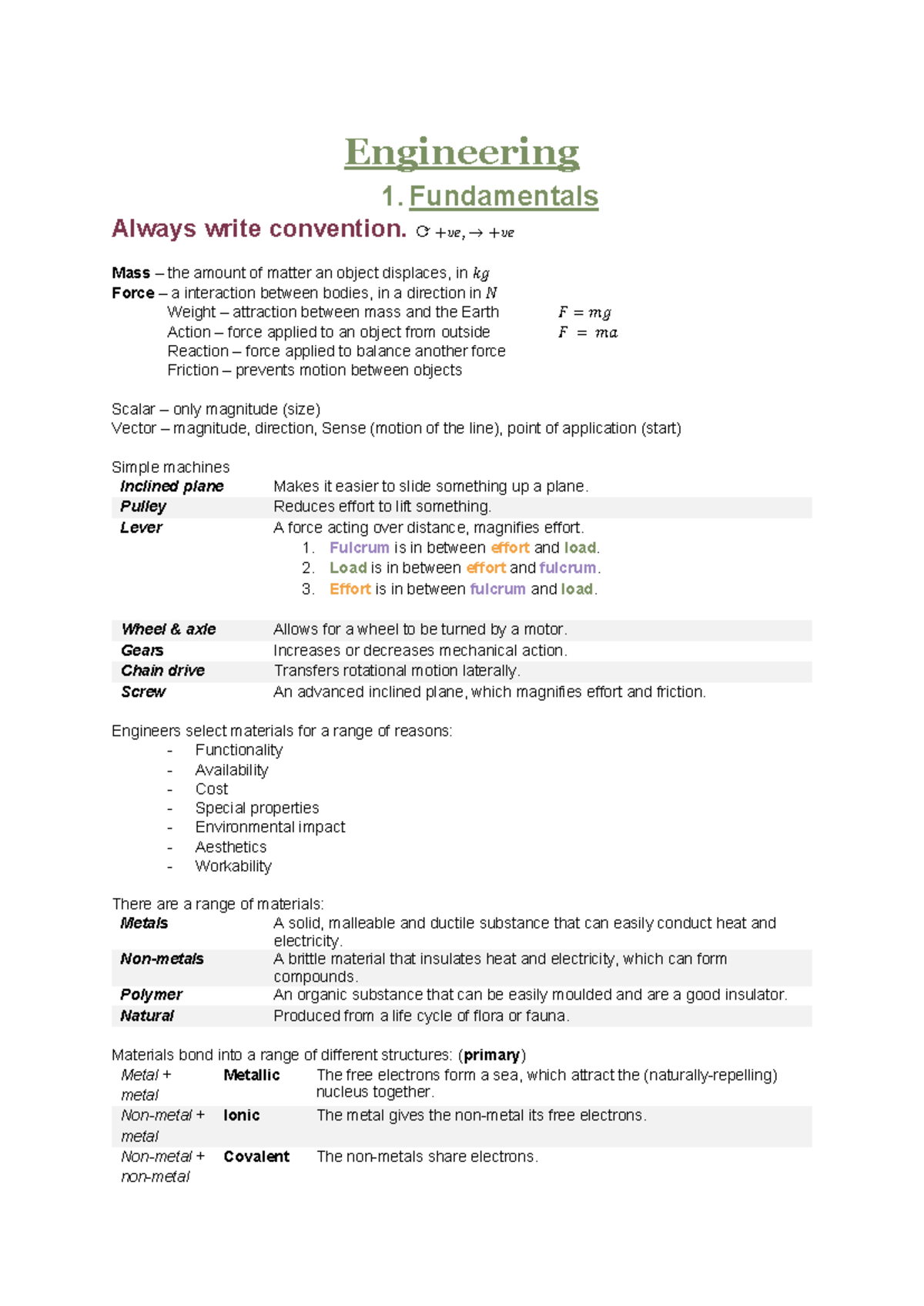 Engineering Notes for Fundamentals and Materials Science - Studocu
