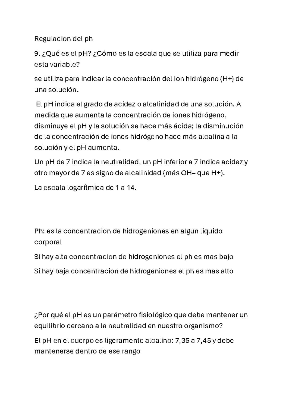 Regulación del pH: Mini Resumen sobre su Importancia y Mecanismos - Studocu