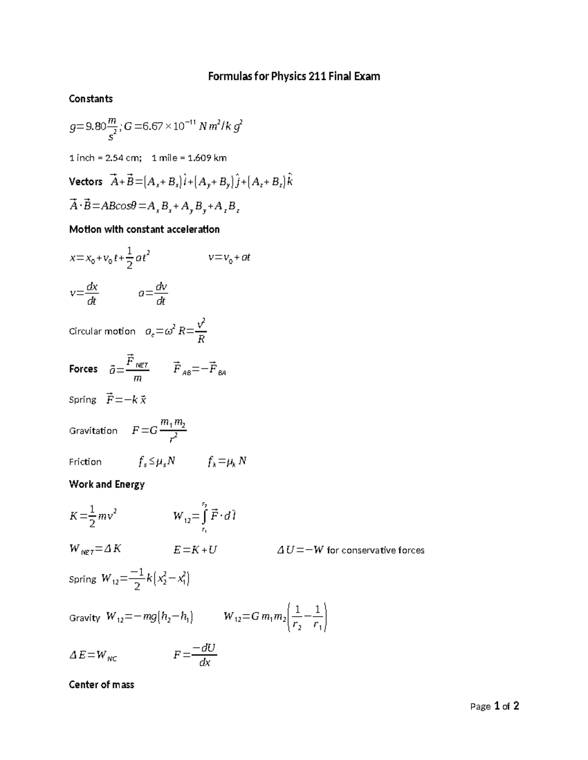 Formulas for PHYS 211 Midterm Exam: Key Constants & Concepts - Studocu
