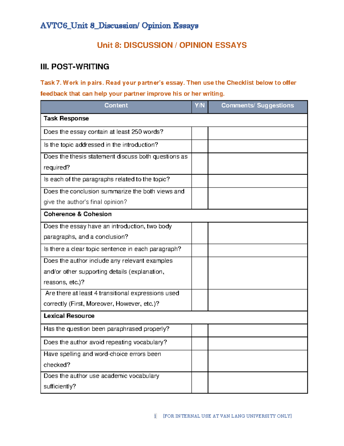 AVTC6_Unit 8: Discussion Opinion Essays Feedback Checklist - Studocu