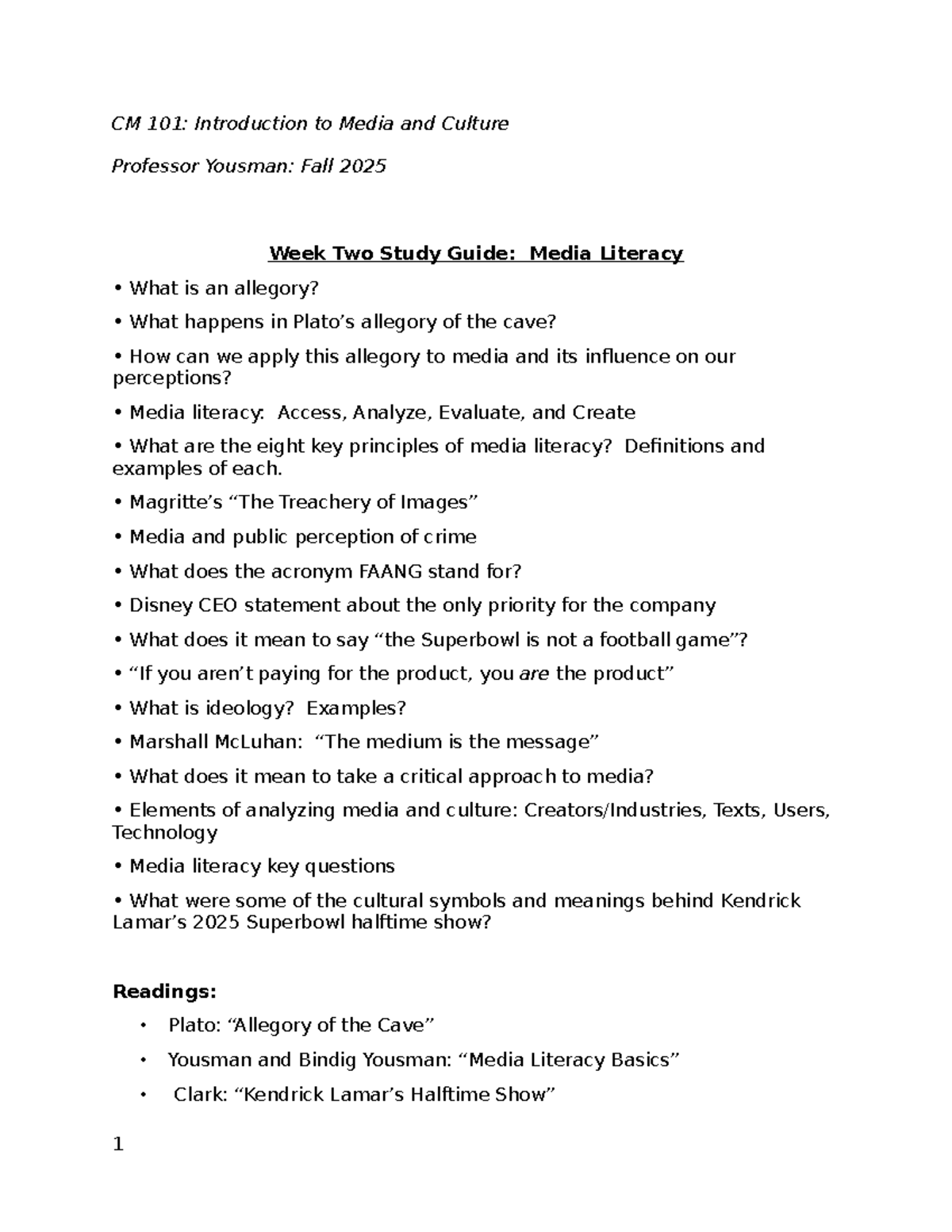 CM 101: Week Two Study Guide on Media Literacy - Fall 2025 - Studocu