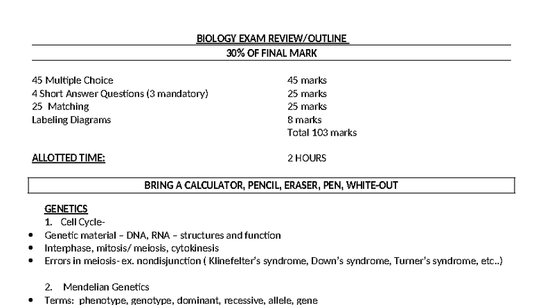 Biology 101 Final Exam Review Outline - Key Concepts & Exam Format ...
