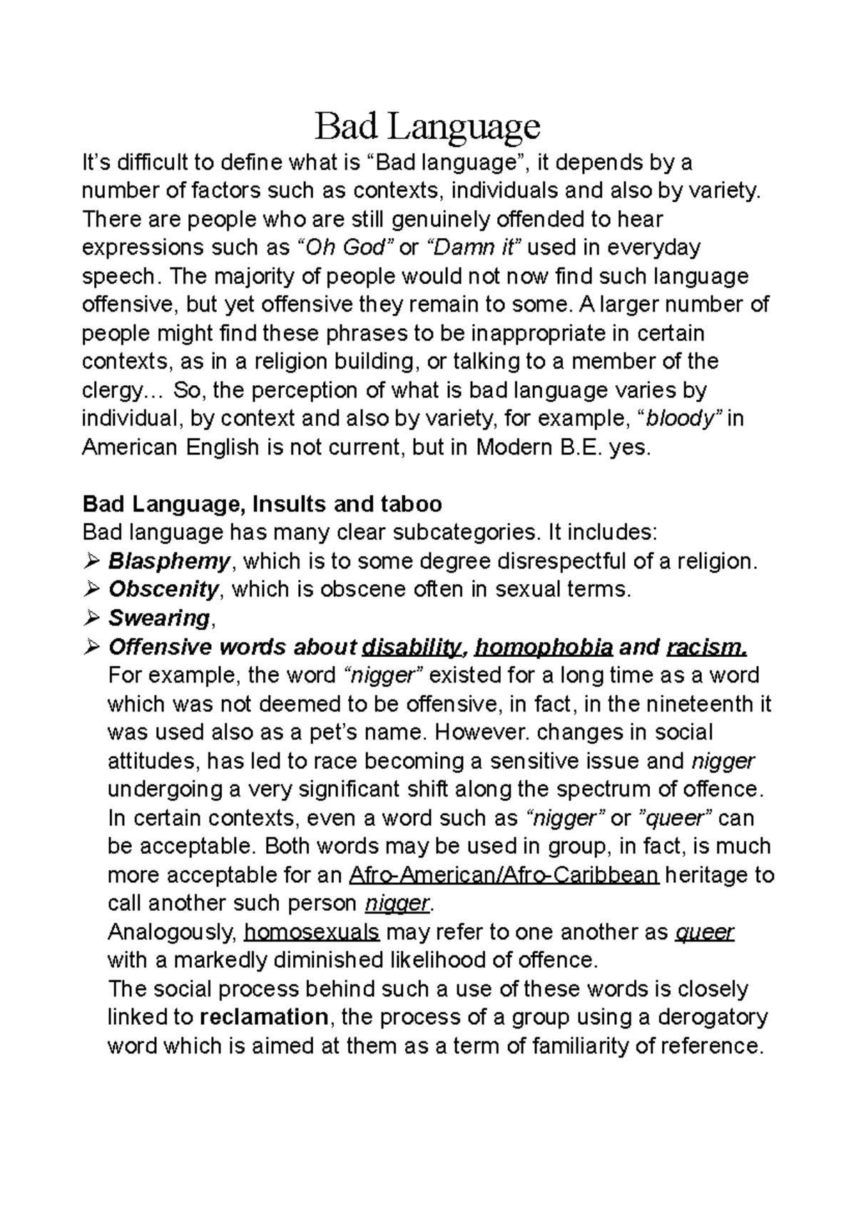 Exploring Bad Language: Contexts, Offence, and Gender Variations - Studocu