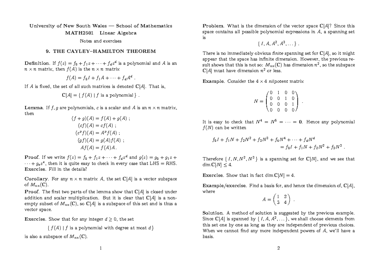 MATH2501 Lecture Notes: Linear Algebra Theorems and Exercises - Studocu