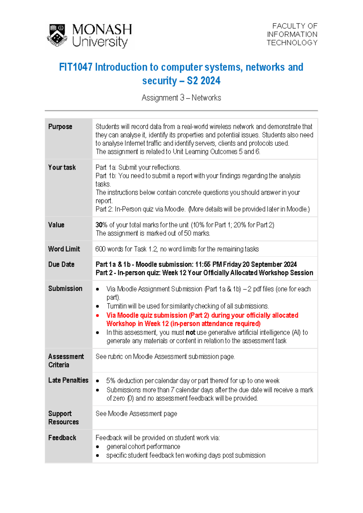 FIT1047 S2 2024 Assignment 3: WLAN Analysis & Reflections Guide - Studocu