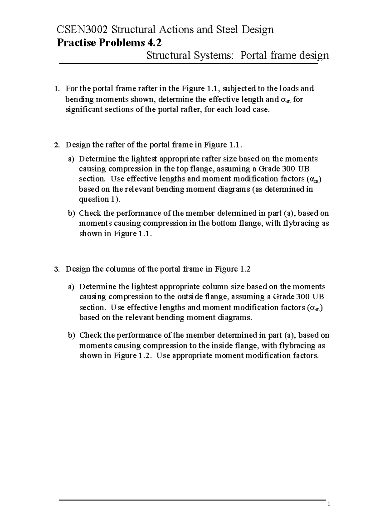 CSEN3002 Final Exam Practice Problems: Portal Frame Design Analysis ...